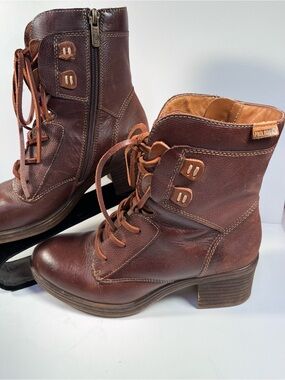 PIKOLINOS Dark Brown Leather Lace-Up Ankle Boots with Side Zip